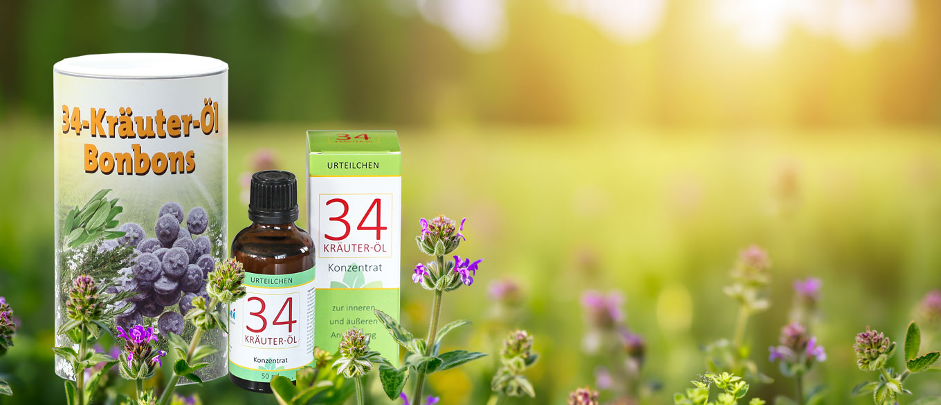34 Kräuter-Öl und Bonbons stehen auf einer Kräuterwiese