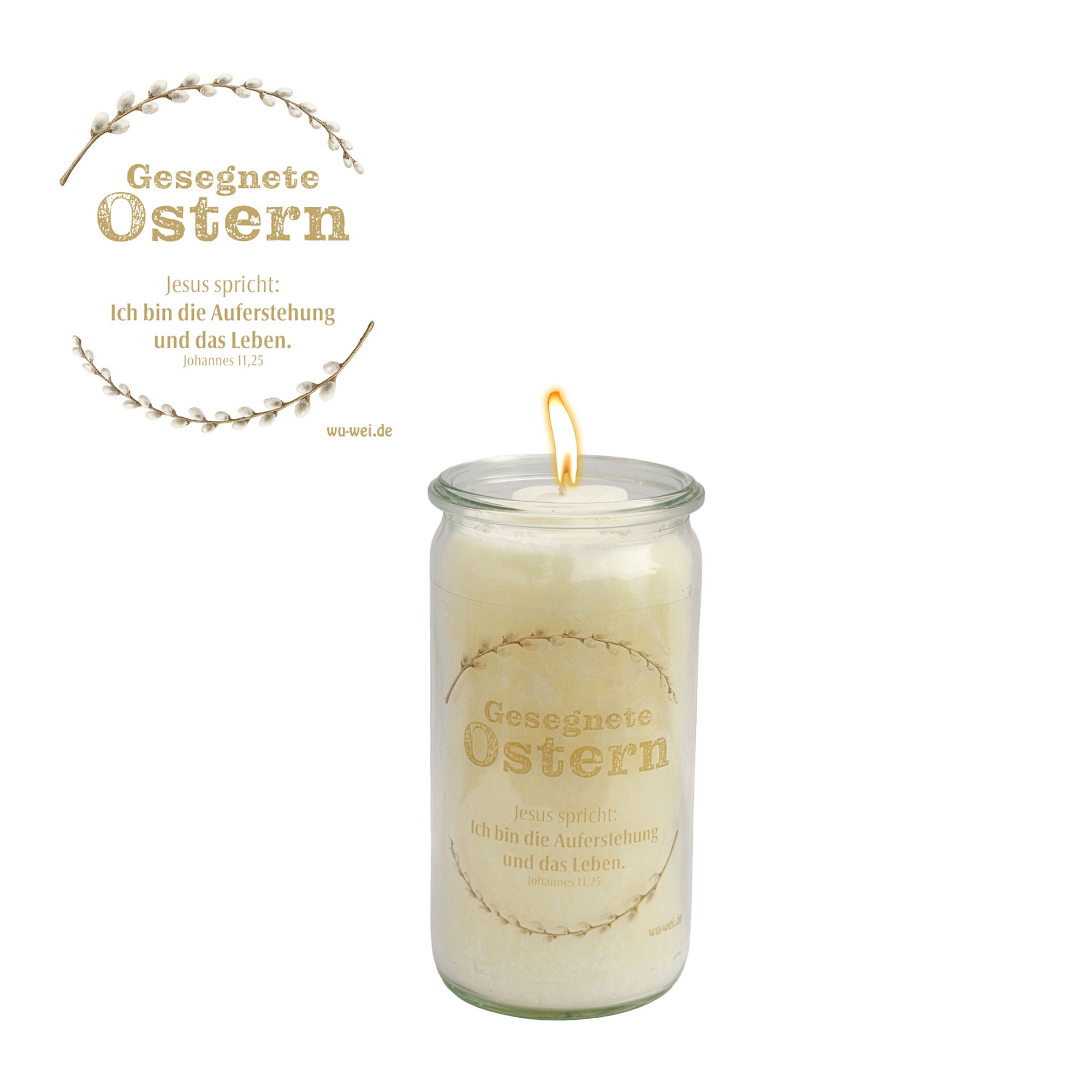 Herzlicht-Osterkerze "Gesegnete Ostern" im Glas 13x6 cm - cremefarben